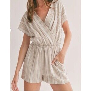 Sadie & Sage x Anthropologie Harmonize Romper Womens Size Small Beige Stripe NWT